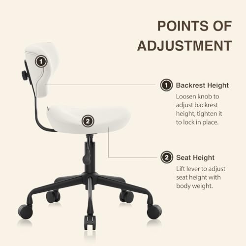 Ergonomic Rolling Stool with Backrest, Adjustable Swivel Chair, Vanilla - color: Vanilla, size: Standard with Backrest
