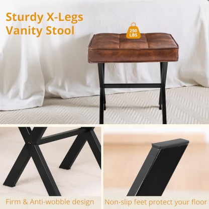 LUE BONA Vanity Stool, Square Faux Leather Makeup Stool with Metal X Legs, Small Ottoman Stool Chair for Vanity, Modern Padded Vanity Seat Foot Rest Stool for Makeup Room, Living Room, Reddish Brown - color: Reddish Brown