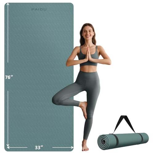 PAIDU Extra Long Wide Yoga Mat, （10mm） Thick Non-Slip Exercise Mat 76"x33" | large mat, ideal for yoga, Pilates & home gym, with non-slip grip & cushioning for all exercises. - color: Dark green + Black