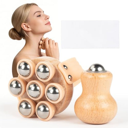 Wooden Handheld Massager, 2-Pack Multi-Roller for Body Contouring