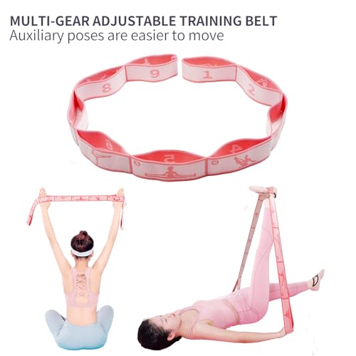 9 Loops Elastic Yoga Strap - Adjustable Stretching Band for Physical Therapy, Dance, Pilates & Gymnastics, Multi-Loop Exercise Band for Flexibility, Home Workout - color: Pink