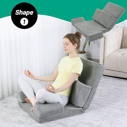 HOMBYS Pro Meditation Cushion Set with Adjustable Back Support, Large 3-in-1 Floor Sitting Chair for Yoga & Meditation, Extra Thick Yoga Pillows for Adults with Knee Support, Grey