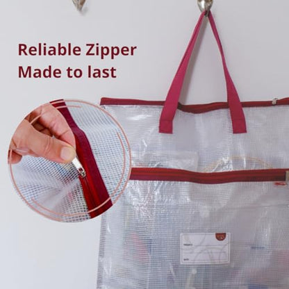 Madam Sew Project Bag - Craft Bag Organizer Tote with Handles, Two Pockets, See-Through Mesh, and Card Slot – Perfect for Quilting, Knitting, Stitching and Embroidery Projects Storage - 16”x16” - color: DARK RED