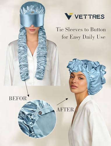 Satin Bonnet for Sleeping with Eye Mask，No Slip Sleep Bonnet with Long Curling Ribbons for Braids & Long Hair - color: Blue