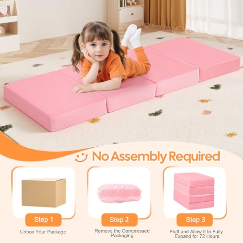 MeMoreCool Kids Folding Mattress, 63x26 Trifold Floor Mat, Pink - color: Pink