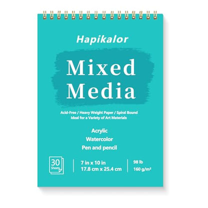 Mixed Media Sketchbook 7"x10" Multimedia Sketchbook, 30 Sheets Sketch Book | Top Spiral Bound Sketch Book, 98lb/160gsm Mixed Media Paper, Watercolor Paper Sketch Pads for Drawing, Painting, Art Supplies - size: 7" x 10"