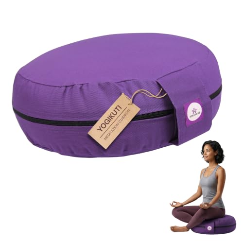 Yogikuti 100% Cotton Meditation Cushion (Round) with Handle | Firm & Comfortable Yoga Cushion | Removable Washable Cover | Floor Seating Support for Meditation, Yoga & Pranayama - color: Purple