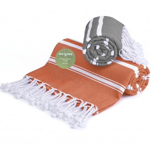 WeWove Turkish Peshtemal Beach Towels Large 39x70 Inch Set of 2-100% Cotton Soft Quick-Drying Absorbent Washable - Versatile for Beach Bath Pool Spa Picnic Travel - Turkish Towels Grey Orange - color: Grey Orange