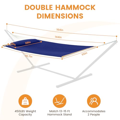 Lazy Daze 12 FT Double Hammock with Spreader Bar for Outside, Navy Blue | 2 Person Heavy Duty Hammock with Detachable Pillow and Carabiners for Outdoor Backyard Poolside, 450lbs Weight Capacity - color: Navy Blue
