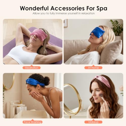 Akakios Lavender Heated Eye Mask with Satin Headband, Yoga Pillow, 2 Pack | Microwave Eye Pillow for Meditation, Weighted Sleep Mask for Relaxing, Gift for Women, Blue&Pink