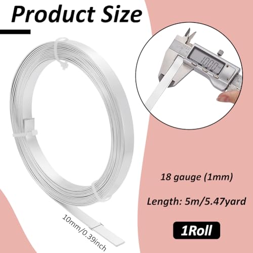 BENECREAT 16.5 Feet 10mm Wide Flat Jewelry Craft Wire 18 Gauge Aluminum Wire for Bezel, Sculpting, Armature, Jewelry Making - Silver - color: Silver, size: 10mm