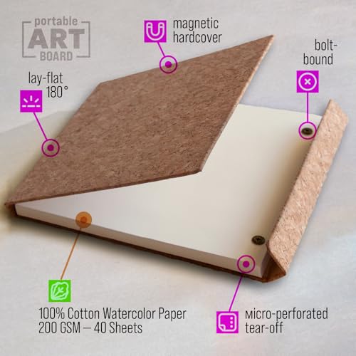 Cork Watercolor Pad Hardcover - 100% Cotton Paper 200GSM Cold Press - Magnetic Closure Watercolor Sketchbook, 40 Tear-Off Sheets, Lay-Flat - Artist Watercolor Paper Pad (Light Cork, 8,5х7,7 inch) - color: Light Cork, size: 8.5x7.7 inch (Square)