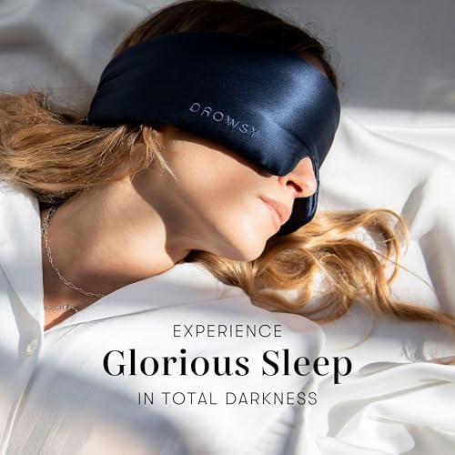 DROWSY Silk Sleep Mask - Face-Hugging, Padded Cocoon for Luxury Sleep in Total Darkness - 100% Pure Mulberry Silk, Skin-Hydrating & Adjustable (Midnight Blue) - color: Midnight Blue, size: 1 Count (Pack of 1)
