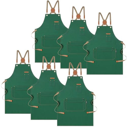 Chef Apron with Cross Back Straps for Men Women, Cotton Canvas Apron for Artists Painting, Kitchen Cooking - color: Green, 6pack