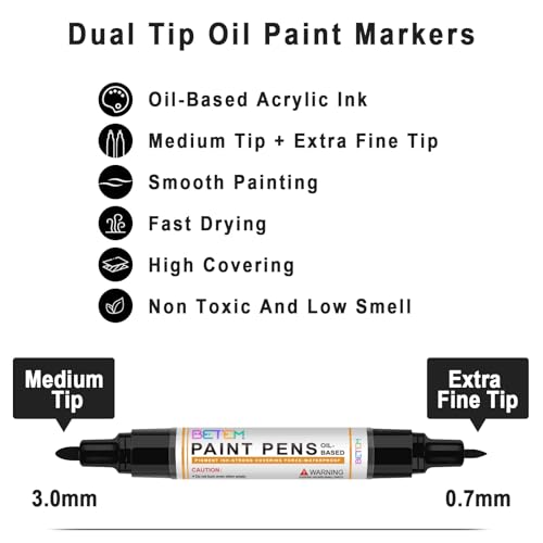 Betem 4 Oil Based Black White Paint Pens, Permanent Fabric Paint Markers | Dual Tip(0.7mm & 3mm), Waterproof, Quick Dry, for Rock Painting, Tire, Wood, Plastic, Ceramic, Metal, Rubber, Mugs, Canvas - color: 2 Black & 2 White