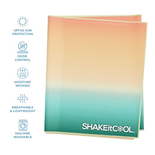 SHAKEitCOOL Extended Size Cooling Towel – Be Cool in Style - Heat Relief, Soft, Lightweight, Sun Protection, Easy Clean - Perfect for Biking, Hiking, Running, Yoga, Golf - Orange Blue Ombre M - color: Orange Blue Ombre