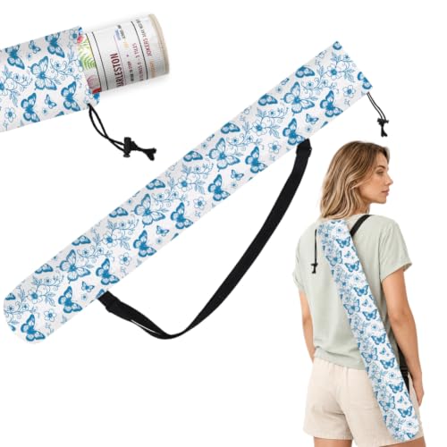 FINGERINSPIRE Mahjong Mat Holder Bag with Strap 35.83x5.9inch Canvas Yoga Mat Bags with Adjustable Strap Blue Butterfly Floral Print Drawstring Carrier Bag Outdoor Travel Storage for Mahjong Yoga Mats - color: Blue
