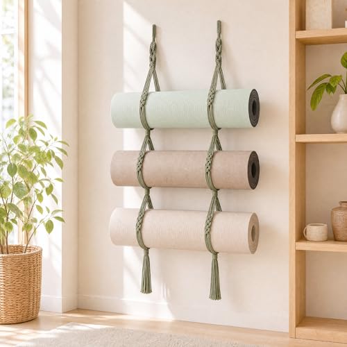2 Pcs 59 Inch Yoga Mat Wall Mount Boho Handmade Cotton Rope Yoga Mat Sage 3 Insertion Holes Green Holder Wall Hanging Storage Pilates New Special Boho for Gym Home Space Saving Organizer