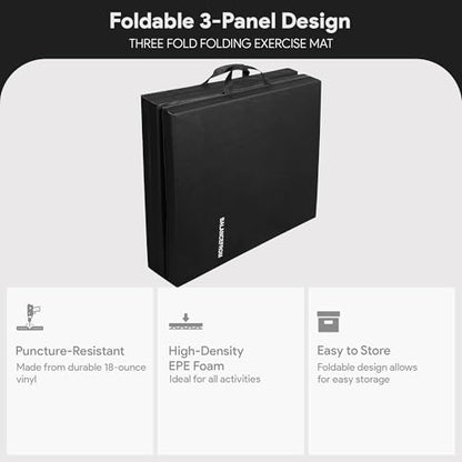 BalanceFrom 6x2 Feet 3-Panel Folding Gymnastics Mat – 1.5-Inch Thick Pad with Vinyl Surface and Carrying Handles for Tumbling, Yoga, Pilates, Home Workouts, and Martial Arts - color: Black