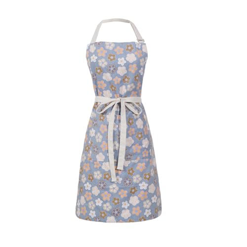 Aoomzoon Kitchen Aprons for Women with 2 Pockets,Double Sided Vintage Adjustable Apron for Gardening Cooking Arting Painting - color: Yellow/Blue Flower