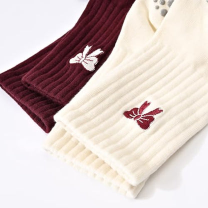 Women's Pilates Grip Socks, Ruffle Non Slip Bow Pattern Yoga Socks | Grippy, Frilly Trim, Embroidery, Crew Length, Soft Cotton, Arch Support, for Barre Ballet Dance Workout Hospital Home Gifts - color: C06-red (White Bow)*2