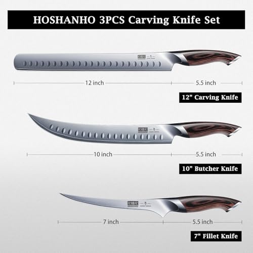 HOSHANHO Carving Knife Set 3PCS, Japanese Brisket Slicing Knife Sets | Ultra Sharp Japanese High Carbon Steel Butcher Knife Breaking Knife Boning Knife for Meat Cutting, Ergonomic Handle, Gifts - size: 12"