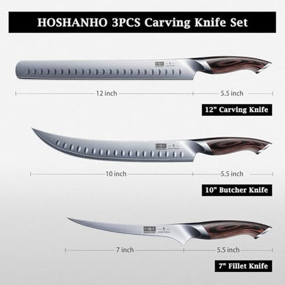 HOSHANHO Carving Knife Set 3PCS, Japanese Brisket Slicing Knife Sets | Ultra Sharp Japanese High Carbon Steel Butcher Knife Breaking Knife Boning Knife for Meat Cutting, Ergonomic Handle, Gifts - size: 12"