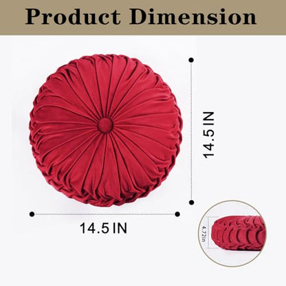 HIG Set of 2 Red Velvet Decorative Round Pleated Throw Pillows - color: Red