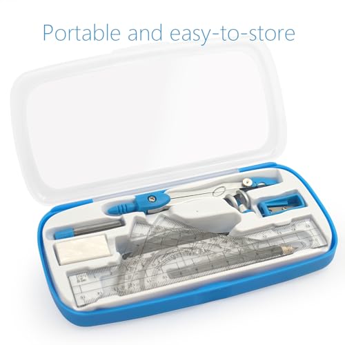 Akuoly Drafting Compass Kit School Supply Set Featuring Geometry Compass, Protractor, Set Squares, and Ruler – for School Grade Boy snd Girl with Every Piece Compact in Carrying Case, Classic Blue