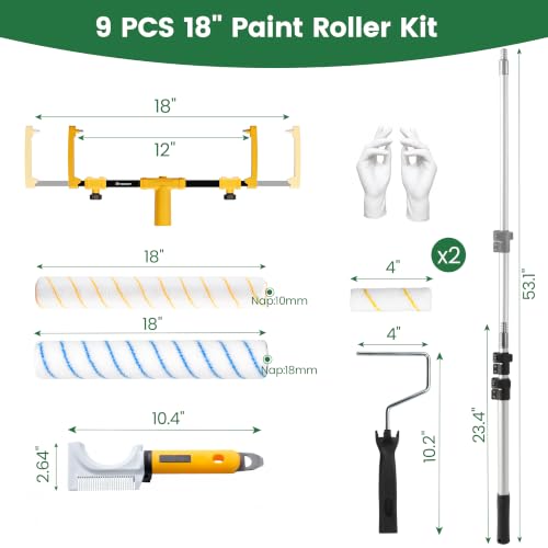 VOOMEY 18 Inch Paint Roller Kit, 1.34m Telescopic Pole for Home Painting | Microfiber & Nylon Covers, 59.5-134cm Pole, 7-in-1 Cleaning Tool for Fast, Even Wall and Ceiling Painting - size: 18 Inch paint roller kit(1.34m Telescopic Pole)