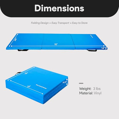 BalanceFrom 6x2 Feet 3-Panel Folding Gymnastics Mat – 1.5-Inch Thick Pad with Vinyl Surface and Carrying Handles for Tumbling, Yoga, Pilates, Home Workouts, and Martial Arts - color: Blue