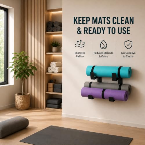 Yoga Mat Holder Wall Mount, 2-Pack Home Gym Storage Rack | Space-saving wall organizer stores yoga mats, foam rollers, and resistance bands for home gyms, studios, and workout spaces.