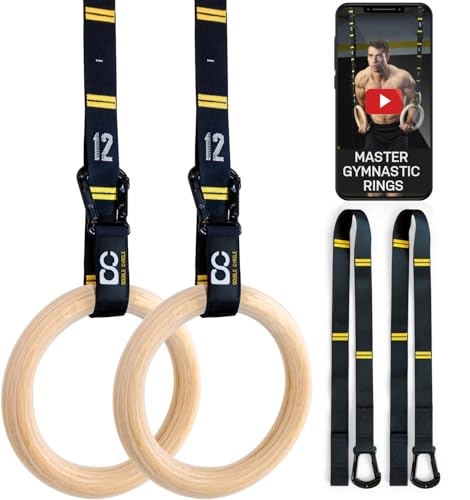 Double Circle Wood Gymnastics Rings with Quick Adjust Numbered Straps and Exercise Videos Guide - Full Body Workout Rings, Calisthenics, Home Gym (Multi-Size) - style: Rings & Straps - Extra Long