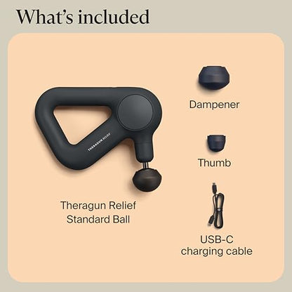 TheraGun Therabody Relief Massage Gun | for Daily Comfort | 3-Speed | Black | Quiet Handheld Percussion Muscle Massager for Back, Leg & Shoulder Pain Relief. Lightweight, Easy to Use, Ergonomic Grip - color: Black - 3 Attachments