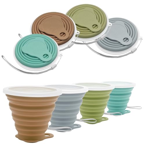 Litoexpe 4 Pack Silica gel Collapsible Travel Cup 270ml, Style 2 | Mint Green & Light Gray & Mustard Yellow & Light Brown,with Lids, Portable Folding Camping Cup, for Camping and Travel - color: Mint Green & Light Gray & Mustard Yellow & Light Brown