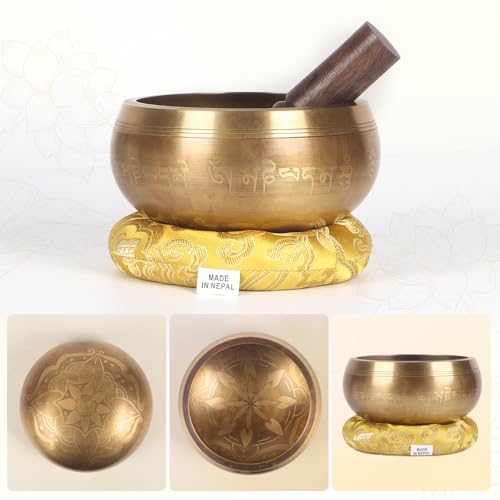 Kmise Tibetan Singing Bowls Set- Handmade in Nepal Meditation Sound Bowls for Yoga, Meditation, Mindfulness, Healing and Chakra Balancing, Stress Relief (5', Gold Flower) - color: 5inch Golden Flower