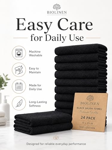 BIOLINEN Salon Towels 24 Pack Black 15x25, 100% Cotton Hand Towels for Bathroom, Bleach Resistant Barber Esthetician Spa Gym Towels, Super Absorbent - color: Black