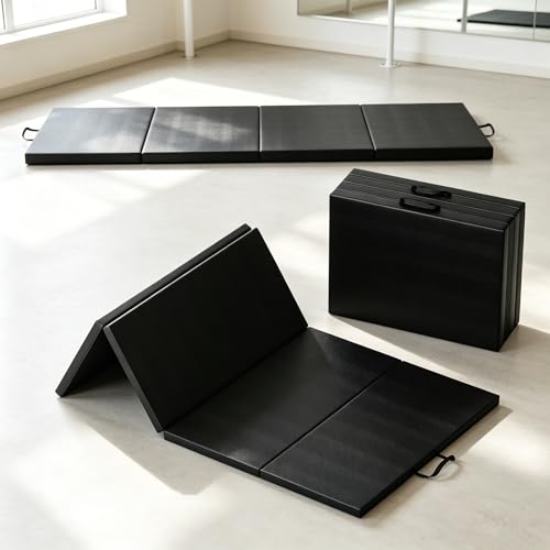 Jojoka Folding Gymnastics Mat, 4 or 5 Panels, 2" Thick High-Density EPE Foam, PU Leather Non-Slip Surface, Portable with Handles, for Home Gym Yoga Pilates Martial Arts, Pink/Black - color: Black, size: Four-Fold
