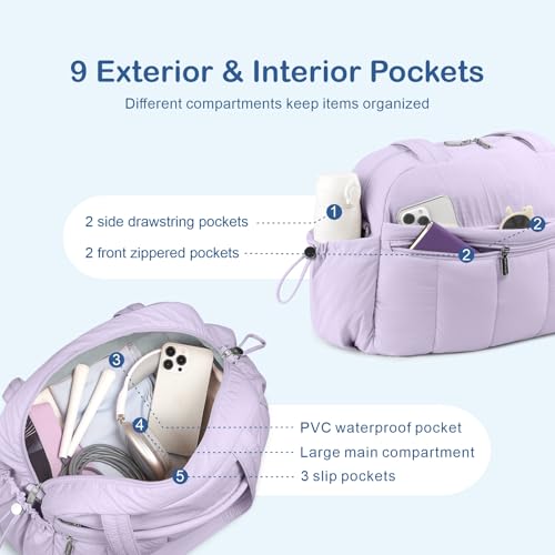 TOPDesign Travel Duffel Bag for Women, Puffer Gym Bag Sports Tote with Wet Pocket, Carry On Weekender with Luggage Sleeve (Light Purple) - color: Light Purple