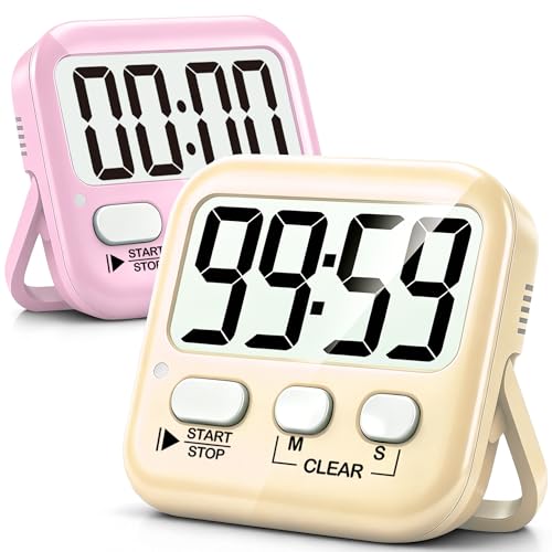 Antonki 2 Pack Digital Timer for Kids Classroom Kitchen Timers for Cooking | w/ Battery, Easy to View, Alarm, Mute Mode, Count Down/Up, Magnetic, Kickstand, Hanging, Classroom Timer for Teacher Supplies - color: 2 * Lovely Pink + Light Peach