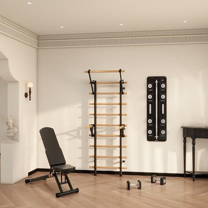 DHT Wood Stall Bar, Swedish Ladder Suspension Trainer with 9 Strategic Rods, for Home, Gym, School and Clinics, Black - color: DW-S