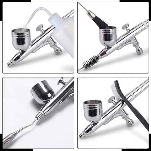 Sieral 8 Pcs Airbrush Spray Gun Cleaning Kit Double Sided Brush, Large General Brushes, Double Side Dental Pick, Glass Jar with Holder, 5 Needle, 5 Brushes, Wash Needle, 500ml Plastic Bottle