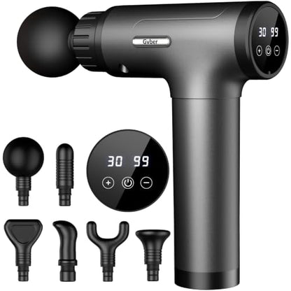 Gvber Massage Gun Deep Tissue 30 Speeds 6 Heads, Grey | Quiet Handheld Percussion Massager for Back & Shoulder Pain, Ideal Gifts for Mom & Dad, Travel & Office, Athletes & Home Gym