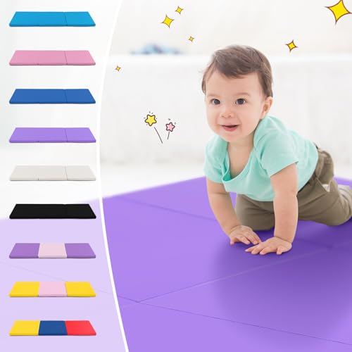 Giantex 6'x 2' Gymnastics Mat, 2" Thick Folding Tumbling Mat with Hook and Loop Fastener, Foldable Gym Mat with Carrying Handles, Cheer Mats for Kids Adults Home Exercise Aerobics Fitness - color: Purple