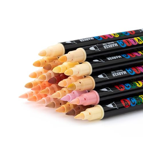 Acrylic Paint Markers, 24 Skin Tone Markers - Dual Tip Art Pens with Brush & Fine Point for Rock Painting, Fabric, Canvas, Wood, DIY Crafts - Flesh Tone Craft Paint & Art Supplies