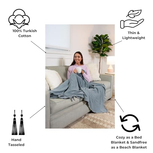 InfuseZen Stonewashed Turkish Organic Cotton Couch Throw Blanket - Denim - color: Large Denim (80" X 48")