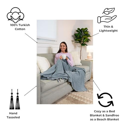 InfuseZen Stonewashed Turkish Organic Cotton Couch Throw Blanket - Denim - color: Large Denim (80" X 48")