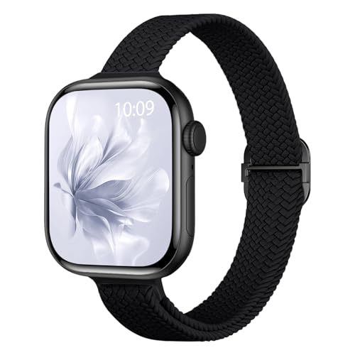Slim Braided Stretchy Band Compatible with Apple Watch Bands Women | 40mm 41mm 42mm 38mm 44mm 45mm 46mm 49mm Thin Elastic Nylon Solo Loop Strap ,Wristband for iWatch Series 11 10 9 8 7 6 5 4 SE - color: Black, size: 44/45/46/49mm