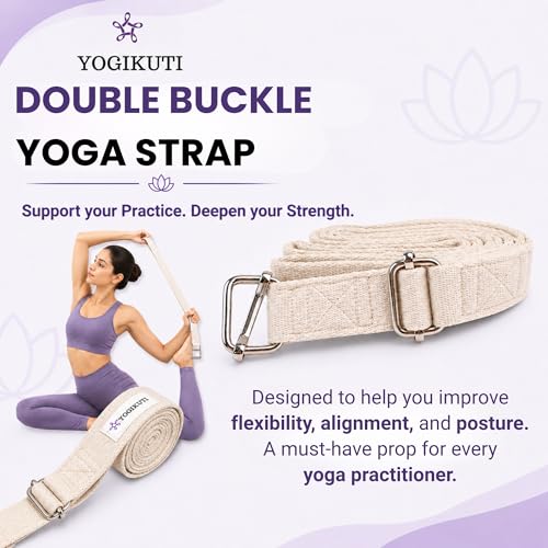 Yogikuti Double Buckle Yoga Strap - Adjustable Stretching Strap for Enhanced Flexibility in Yoga, Pilates, and Physical Therapy, Available in Various Colors and Lengths for All Fitness Levels - color: White