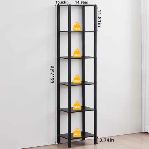 YUFAM 6 Tier Tall Skinny Bookshelf, Narrow Bookcase, Wooden Shelf, Black - color: Black, size: 6-Tier